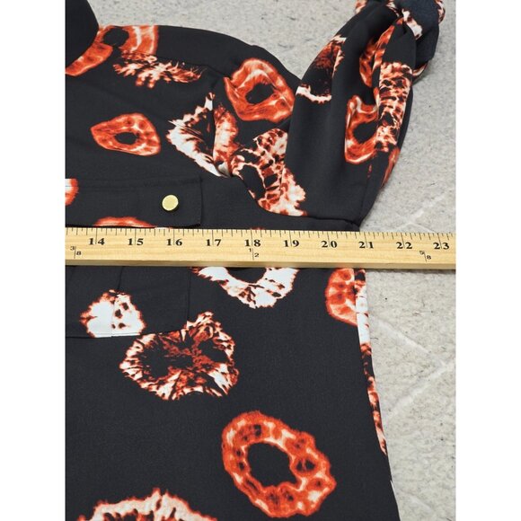 Halston‎ Women's Black Printed Button Up Blouse Roll Tab Sleeve Size L NWT - Picture 9 of 13